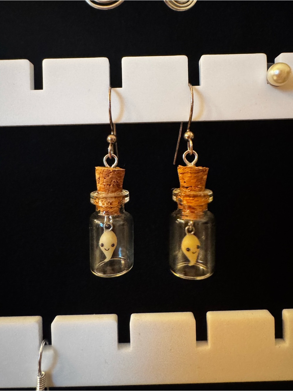 Handmade Cork Bottle Earrings with White Ghost Charm